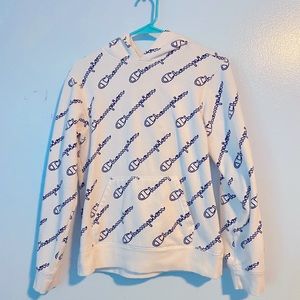 white champion hoodie with script allover